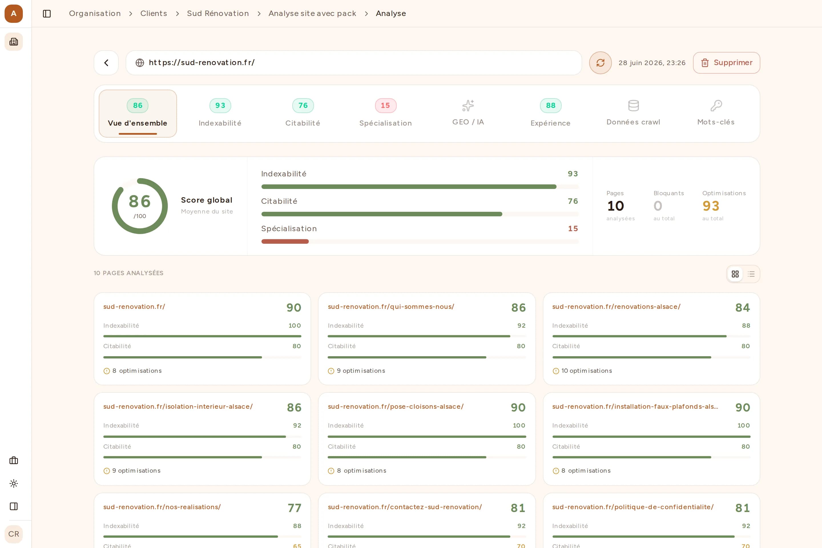 Capture de l'onglet Vue d'ensemble de Bretzel SEO : score global du site, répartition indexabilité / citabilité / spécialisation et liste des pages analysées